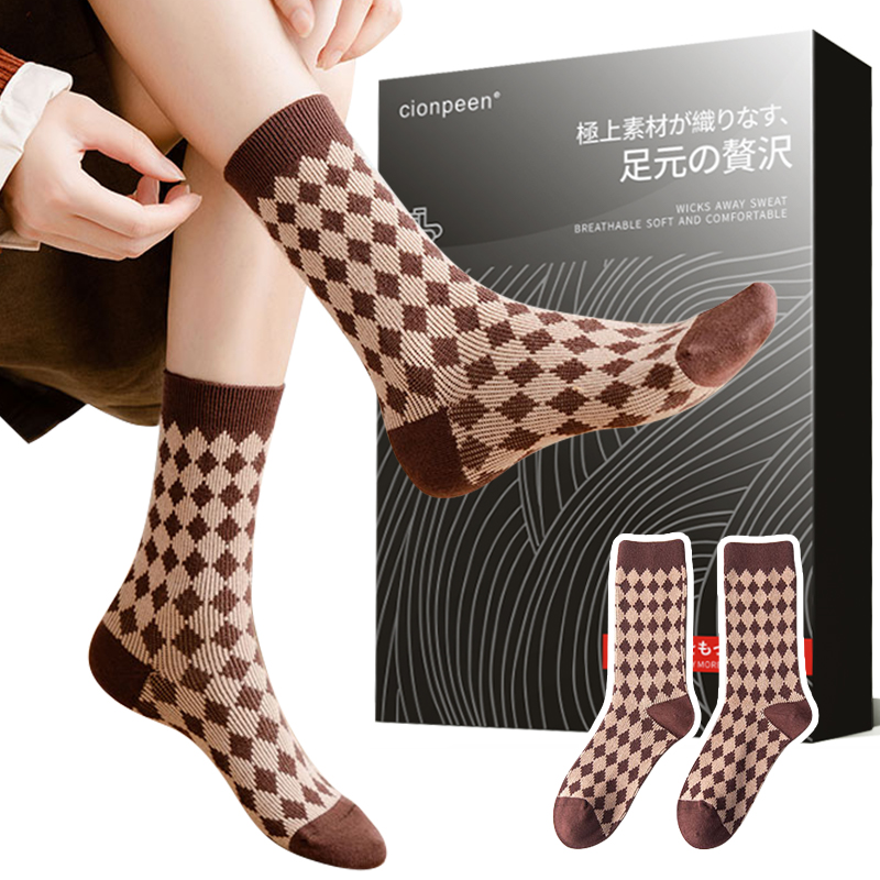 チェック柄 ハイソックス 4足セット - cionpeen ブランド 快適で通気性のある靴下 ユニセックス